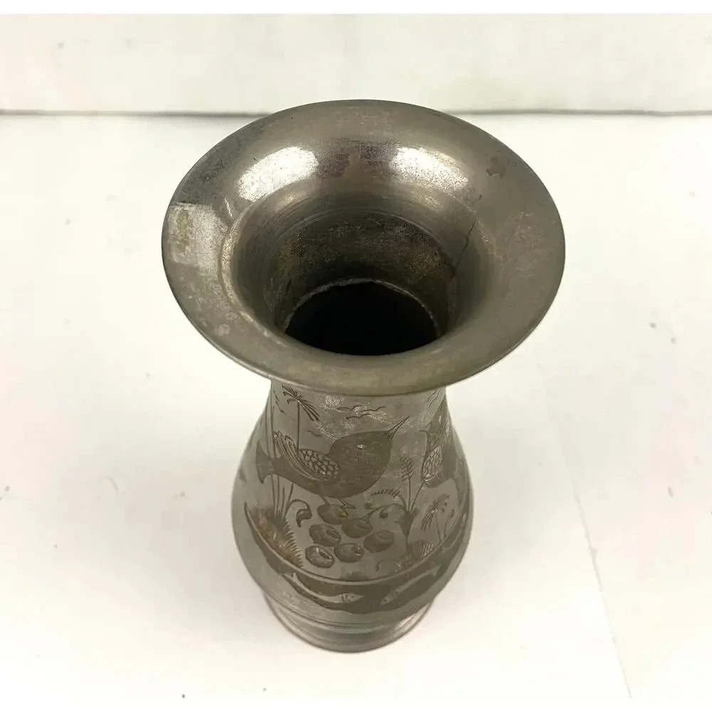 VTG Silver Tone Metal Middle Eastern Vase With Etching 8" Tall Birds Fish‎ - Picture 6 of 14